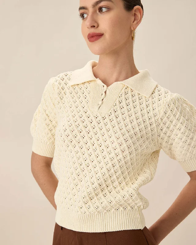 Shorts & Skirts affordable trends-Beige Knit Short Sleeve Blouse