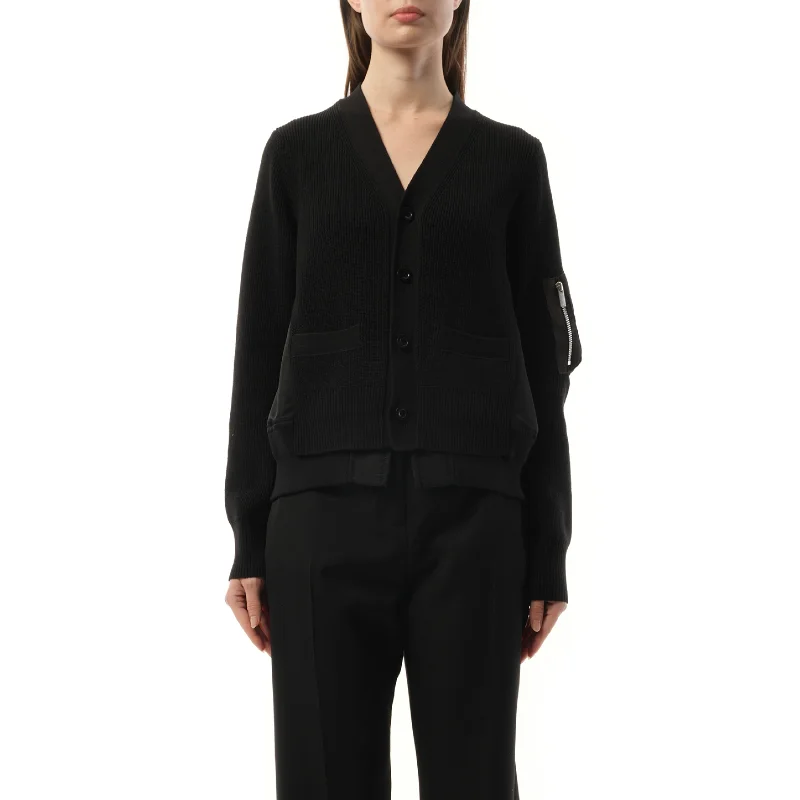 Cardigans with side zipper-Nylon Twill Knit Cardigan in Black