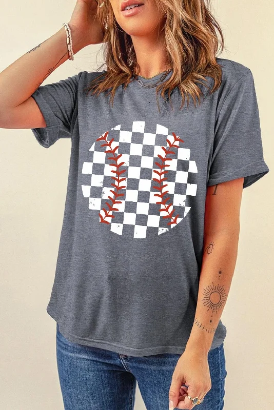 Shorts & Skirts fashion patterns-Checkered Baseball Women's Graphic Short Sleeve T-Shirt