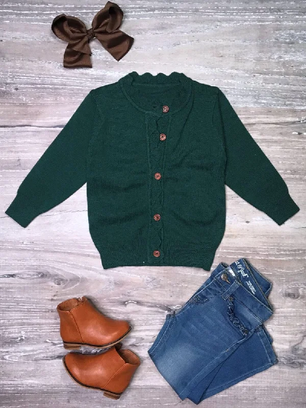 Emerald Green Ruffle Button Up Girls Cardigan Sweater