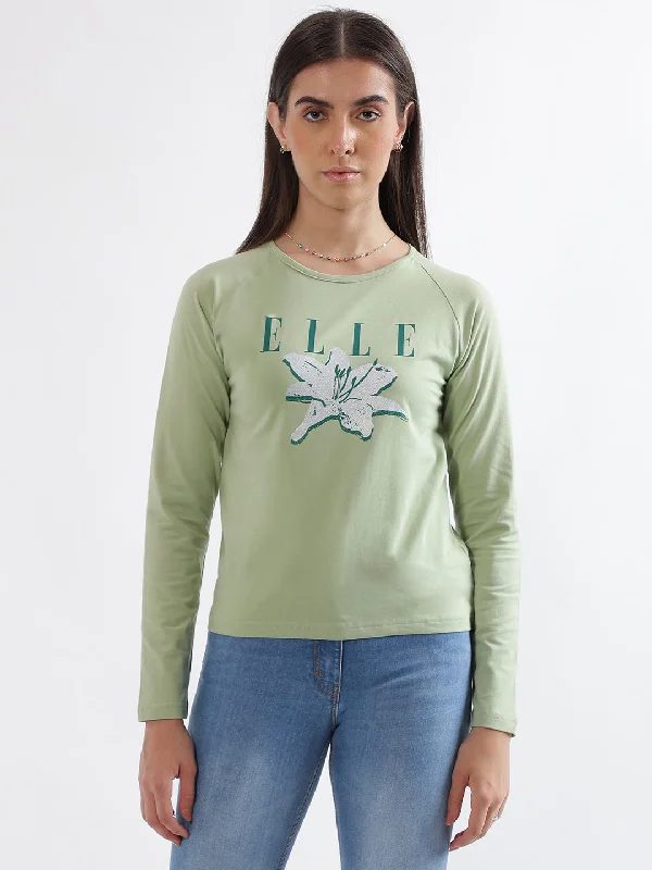 Blouses & Shirts for women-Elle Women Green Printed Round Neck Full Sleeves T-Shirt