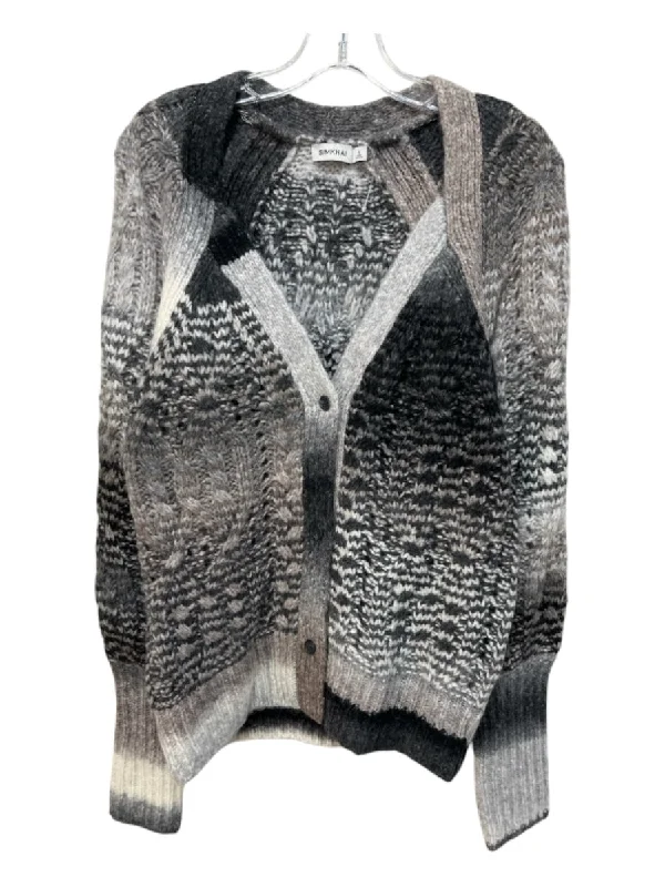 Cardigans with beach outfit-Simkhai Size S Gray, white & black Wool Blend Button Up Cable Knit Cardigan