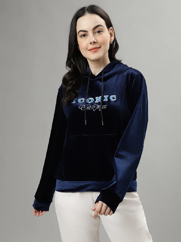 Sweatshirts for snowy days-Iconic Women Navy Blue Solid Hooded Full Sleeves Sweatshirt