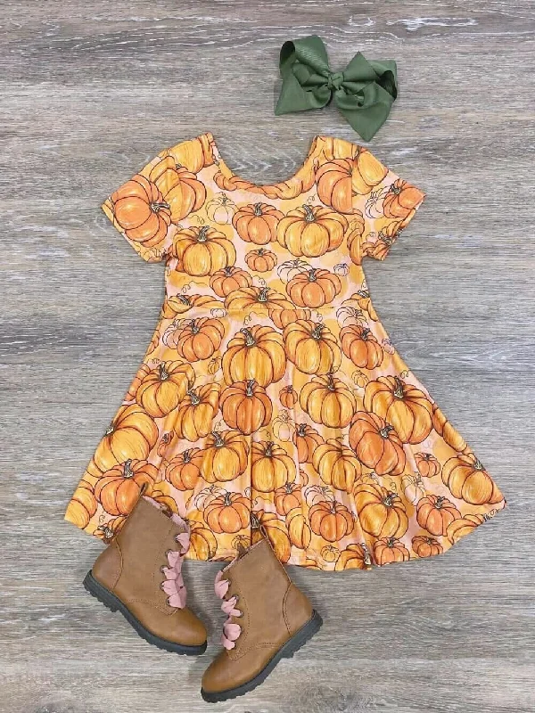 Shorts & Skirts chic trends-Pumpkins Please Girls Orange Short Sleeve Skater Dress