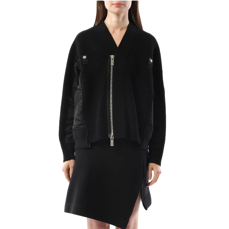 Cardigans with drawstring-Wool Knit x Nylon Twill Cardigan in Black