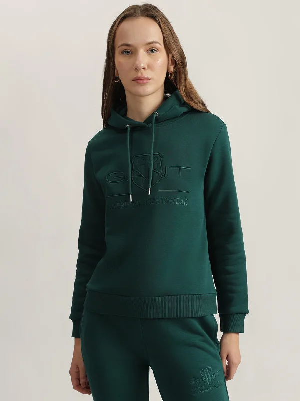 Sweatshirts with fire graphics-Gant Women Green Embroidered Hooded Full Sleeves Sweatshirt