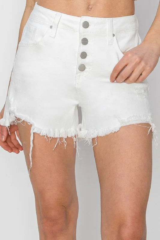 Shorts & Skirts chic looks-RISEN Button Fly Frayed Hem Denim Shorts