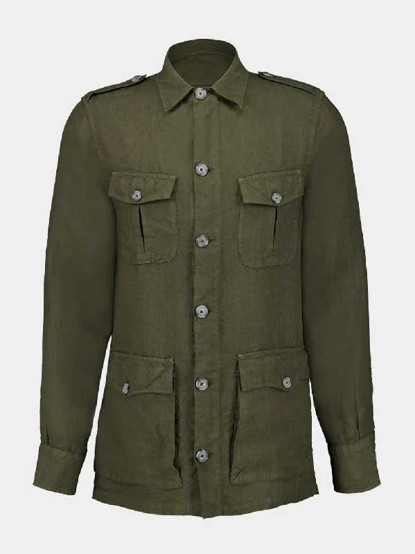 Jackets for bird watching -Military Green Linen Jacket with Pockets