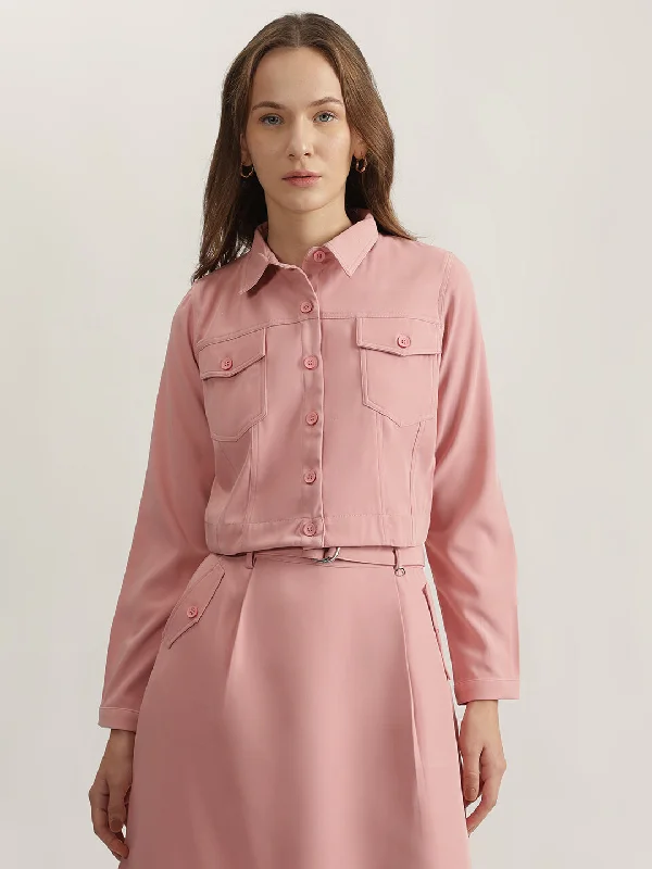 Blouses & Shirts for rewards-Iconic Women Pink Solid Spread Collar Full Sleeves Shirt