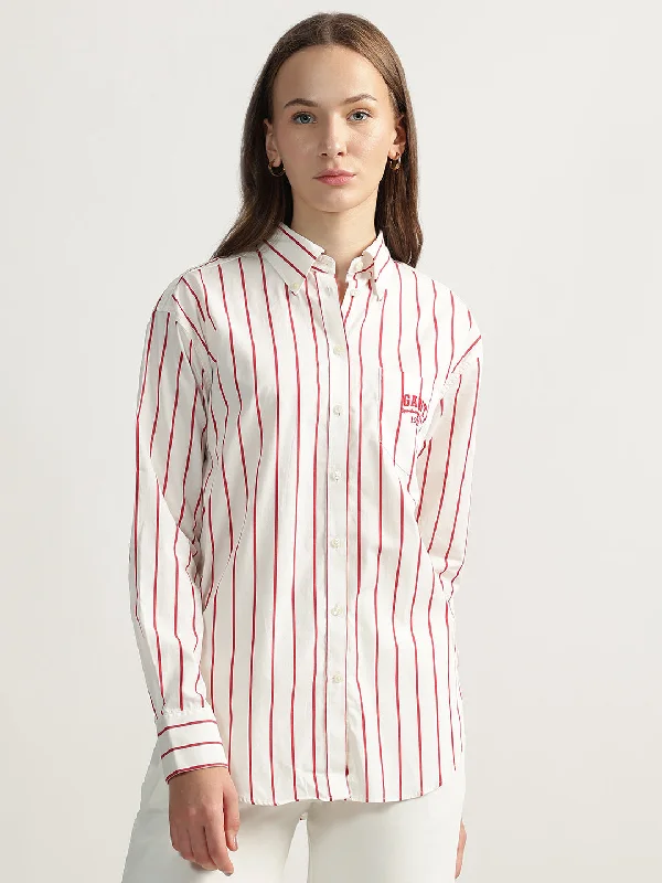 Blouses & Shirts fall-Gant Women Red Striped Spread Collar Full Sleeves Shirt