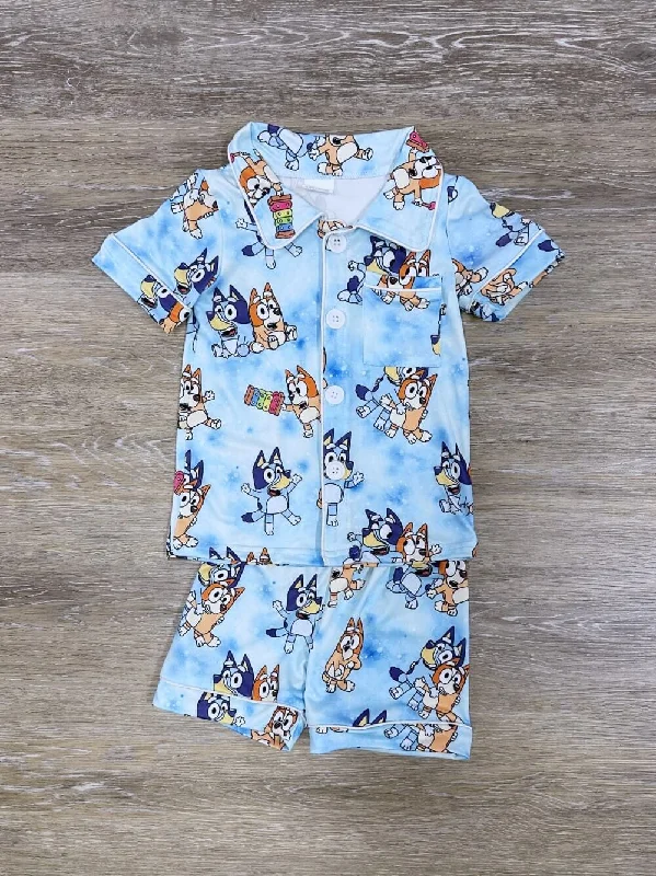 Shorts & Skirts online offers-Blue Dog Button Up Blue Short Sleeve Pajama Set