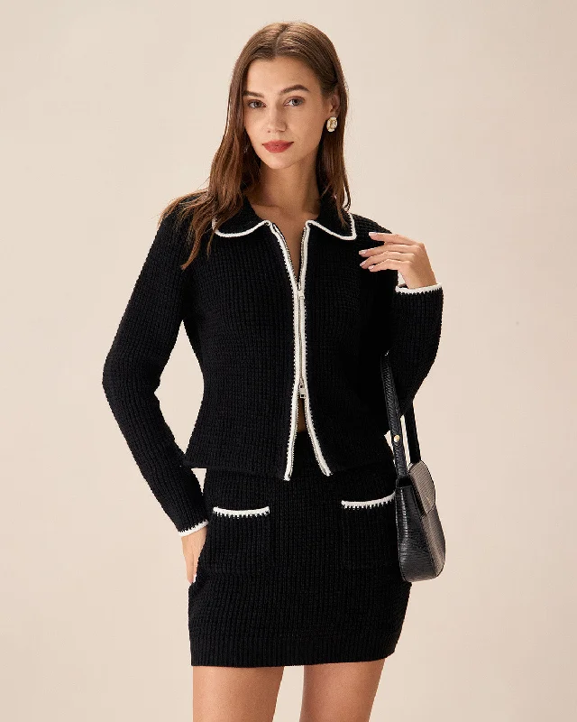 Cardigans with promo code-Black Contrasting Slim Zipper Cardigan