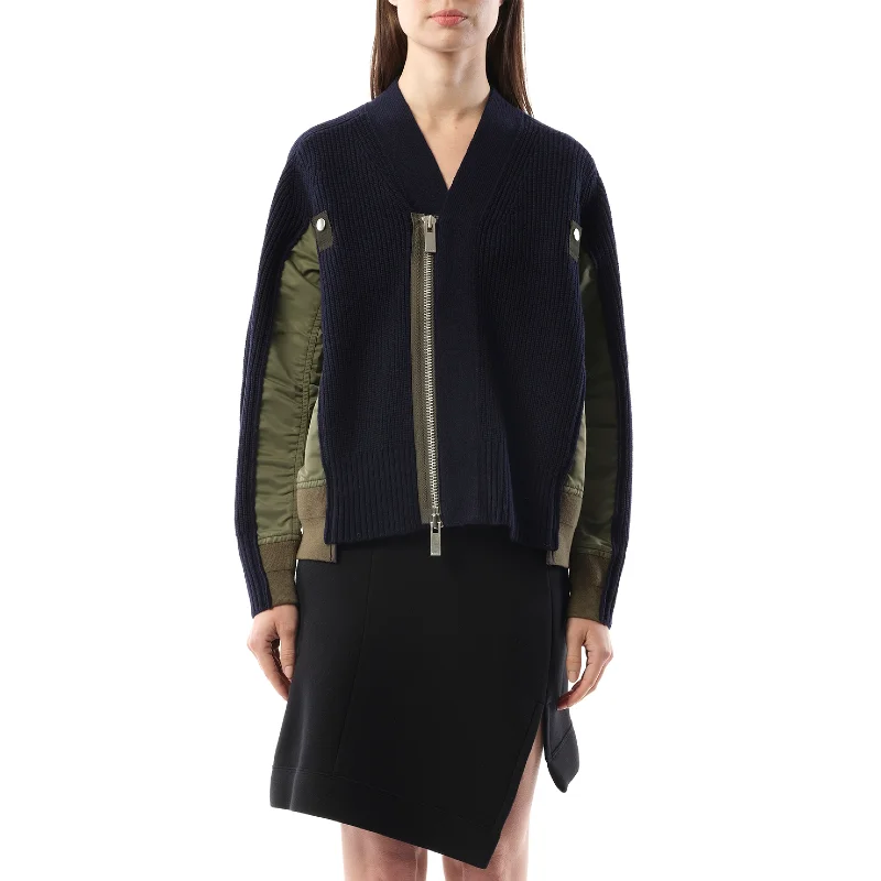 Cardigans with tie-back-Wool Knit x Nylon Twill Cardigan in Navy/Khaki