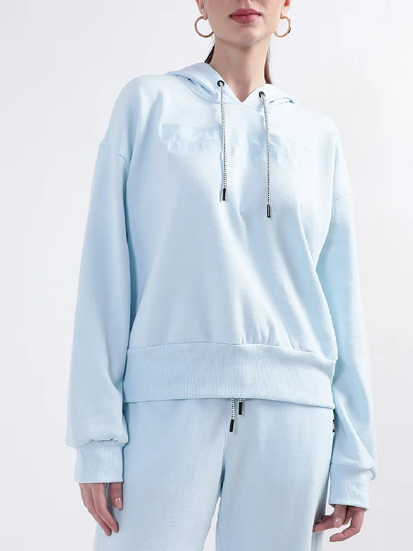 Hoodies with coffee stains-DKNY Women Light Blue Solid Hooded Sweatshirt