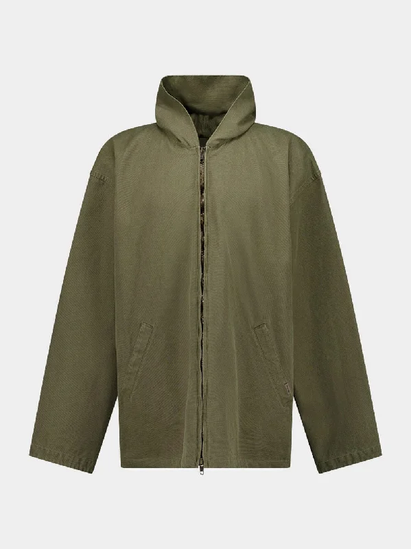 Jackets in tweed -Olive Green Hooded Zip-Up Jacket