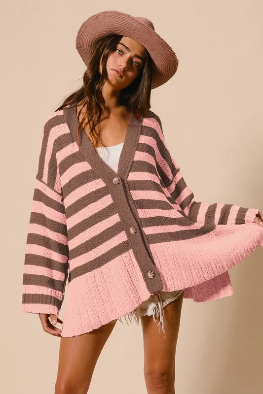 Cardigans with loyalty program-BiBi Slit Striped V-Neck Button Up Cardigan