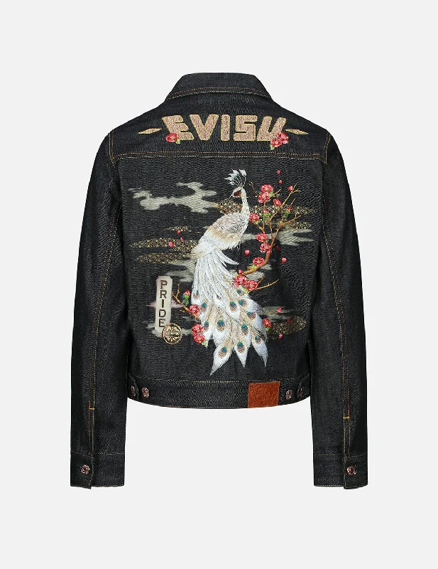 Jackets for evening wear -Peacock and Tsubaki Embroidery Denim Jacket