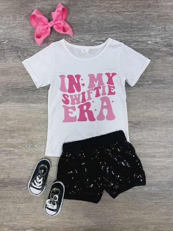 Shorts & Skirts quick shipping-In My Swiftie Era Pink & Black Girls Sequin Shorts Outfit