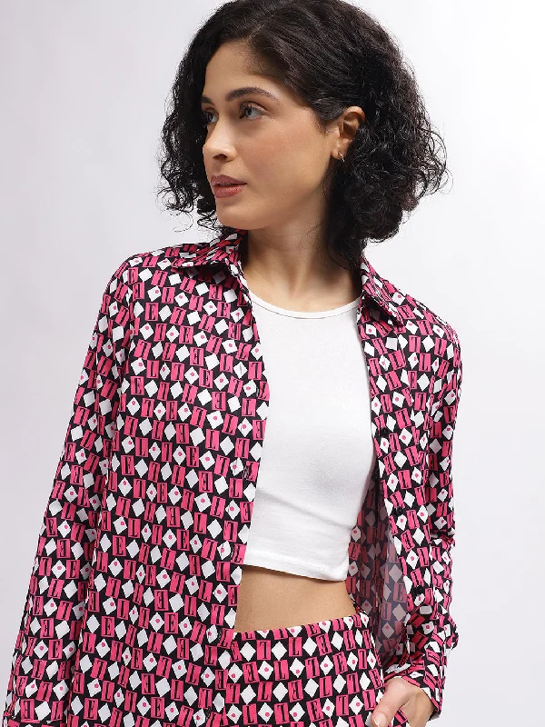 Blouses & Shirts workout-Elle Women Pink Printed Spread Collar Full Sleeves Shirt