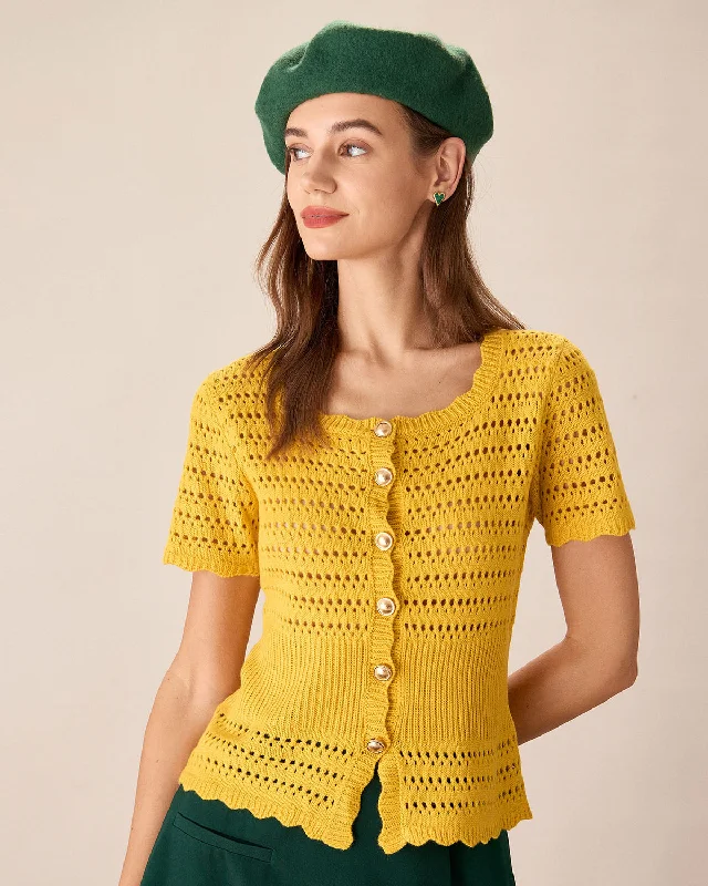 Cardigans with workplace fashion-Yellow Crochet Single-Breasted Cardigan