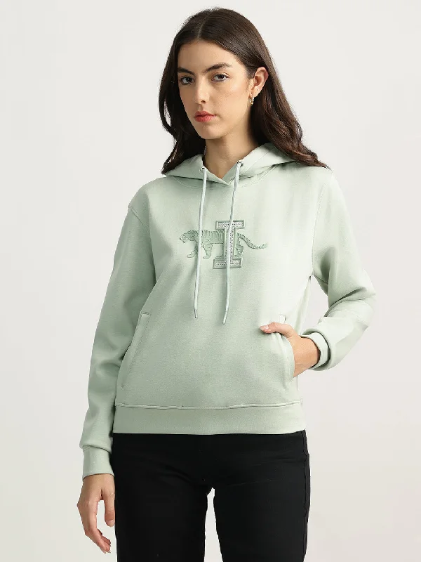 Sweatshirts for developers-Iconic Women Green Printed Hooded Full Sleeves Sweatshirt