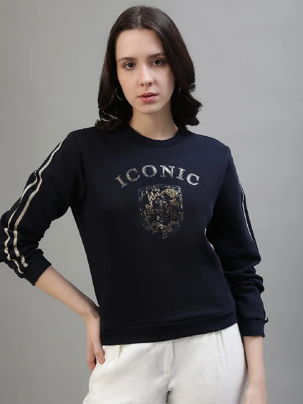 Sweatshirts for cat cuddles-Iconic Women Navy Blue Printed Round Neck Full Sleeves Sweatshirt