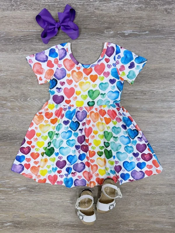 Shorts & Skirts fashion guides-Rainbow Hearts Girls Short Sleeve Summer Dress