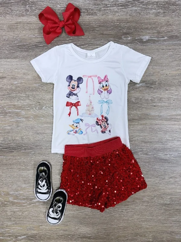 Shorts & Skirts modern trends-Theme Park Bows Girls Red Sequin Shorts Outfit