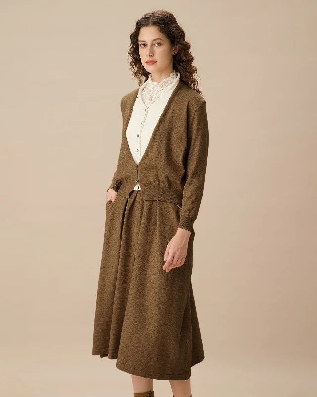 Cardigans with winter sale-Brown V Neck Cardigan Skirt Set