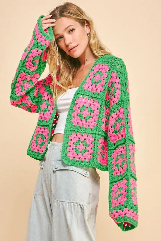 Cardigans with gift card option-Davi & Dani Full Size Two Tone Flower Square Crochet Open Front Cardigan