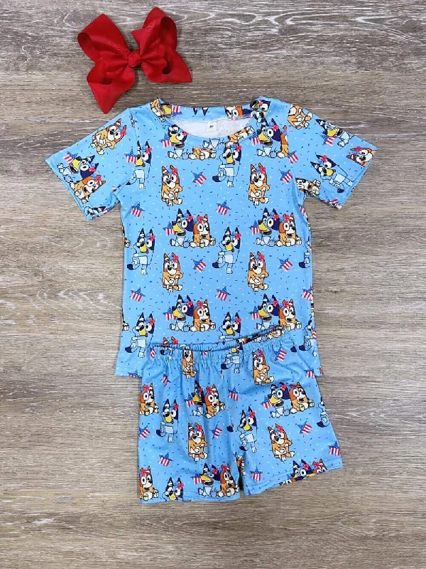 Shorts & Skirts unique fits-Blue Dog Patriotic Summer Short Sleeve Pajama Set