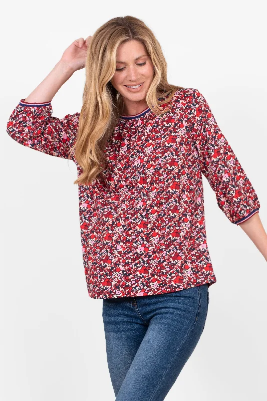 Blouses & Shirts round neck-Mixed Berry Floral 3/4 Sleeve T-Shirt