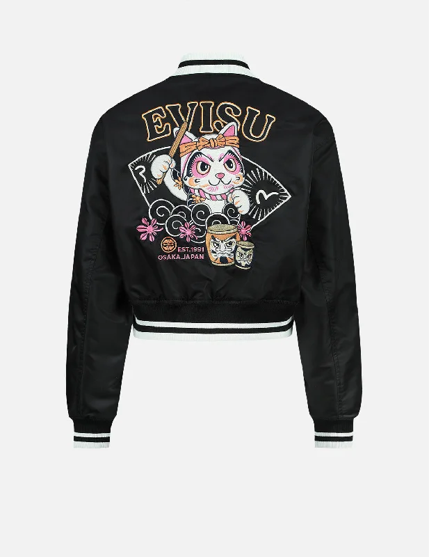 Jackets in denim -Fortune Cat Drumming Appliqué Souvenir Jacket