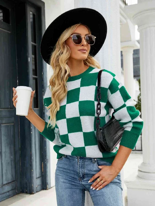 Green Checkered Round Neck Sweater