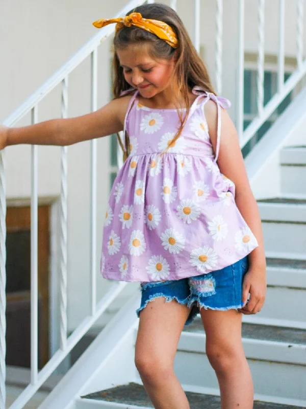 Shorts & Skirts cozy styles-Perfectly Picked Daisy Purple Denim Patch Girls Shorts Outfit