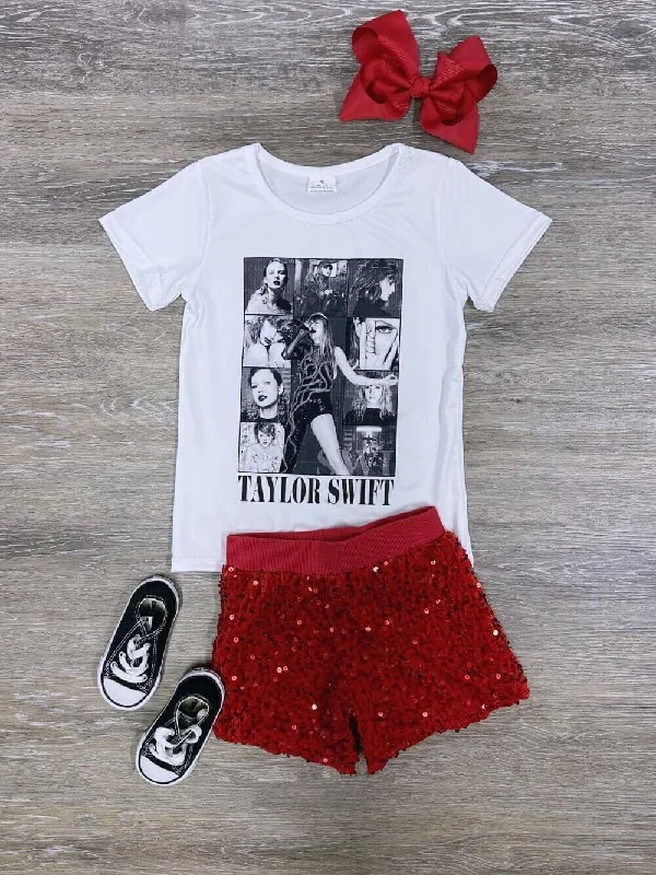 Shorts & Skirts trendy wear-Girls Concert T-Shirt Red Sequin Shorts Outfit