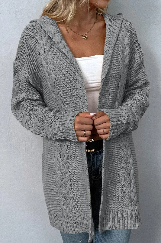 Cardigans with leggings combo-Cable-Knit Dropped Shoulder Hooded Cardigan