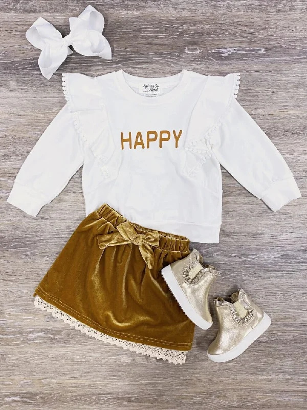 Shorts & Skirts budget styles-Happy Gold Velvet Lace Trim Girls Skirt Set