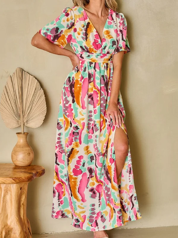 Shorts & Skirts affordable fits-Slit Printed Surplice Short Sleeve Maxi Dress