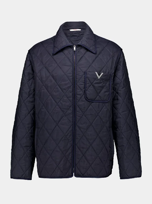 Jackets for ice fishing -Navy Quilted Nylon Shirt Jacket