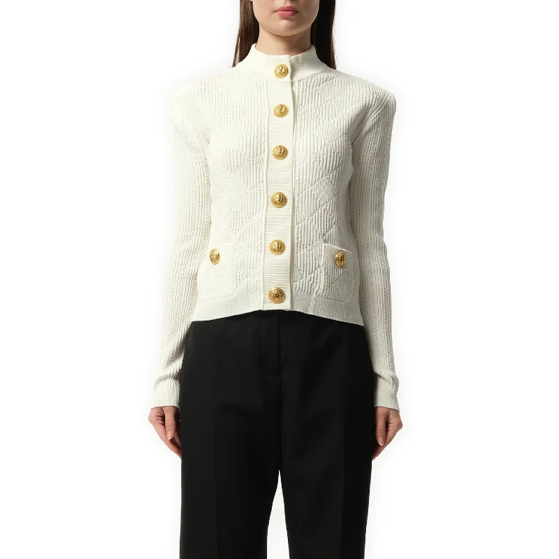 Cardigans with fleece lining-Buttoned 2 Pockets Vichy Knit Cardigan in White