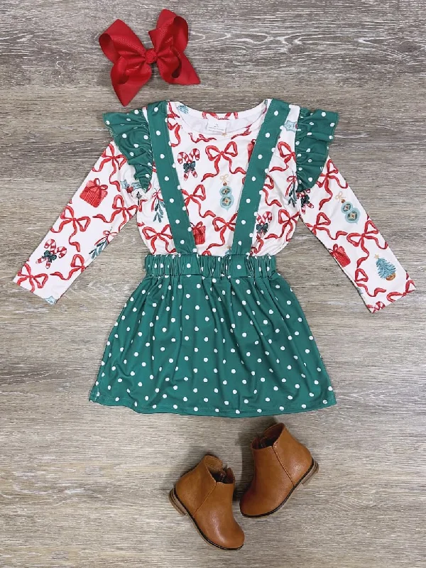 Shorts & Skirts stylish looks-Holiday Cheer Green Polka Dot Girls Suspender Skirt Outfit