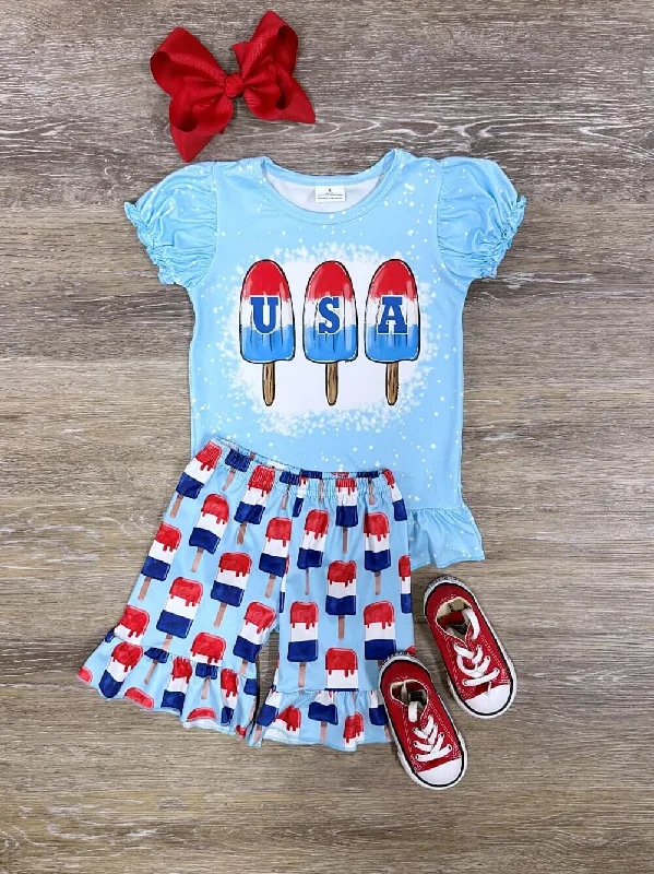 Shorts & Skirts latest looks-USA Bomb Pop Puff Sleeve Girls Patriotic Shorts Outfit