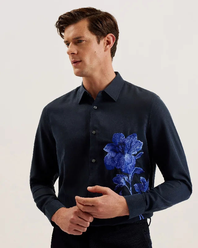 Blouses & Shirts for fan made-Nessmen Ls Relaxed Fit Embroidered Shirt Navy