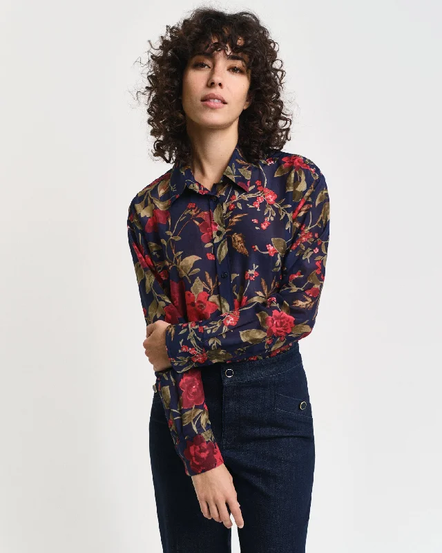 Blouses & Shirts embroidered-Gant Women Blue Printed Spread Collar Full Sleeves Shirt