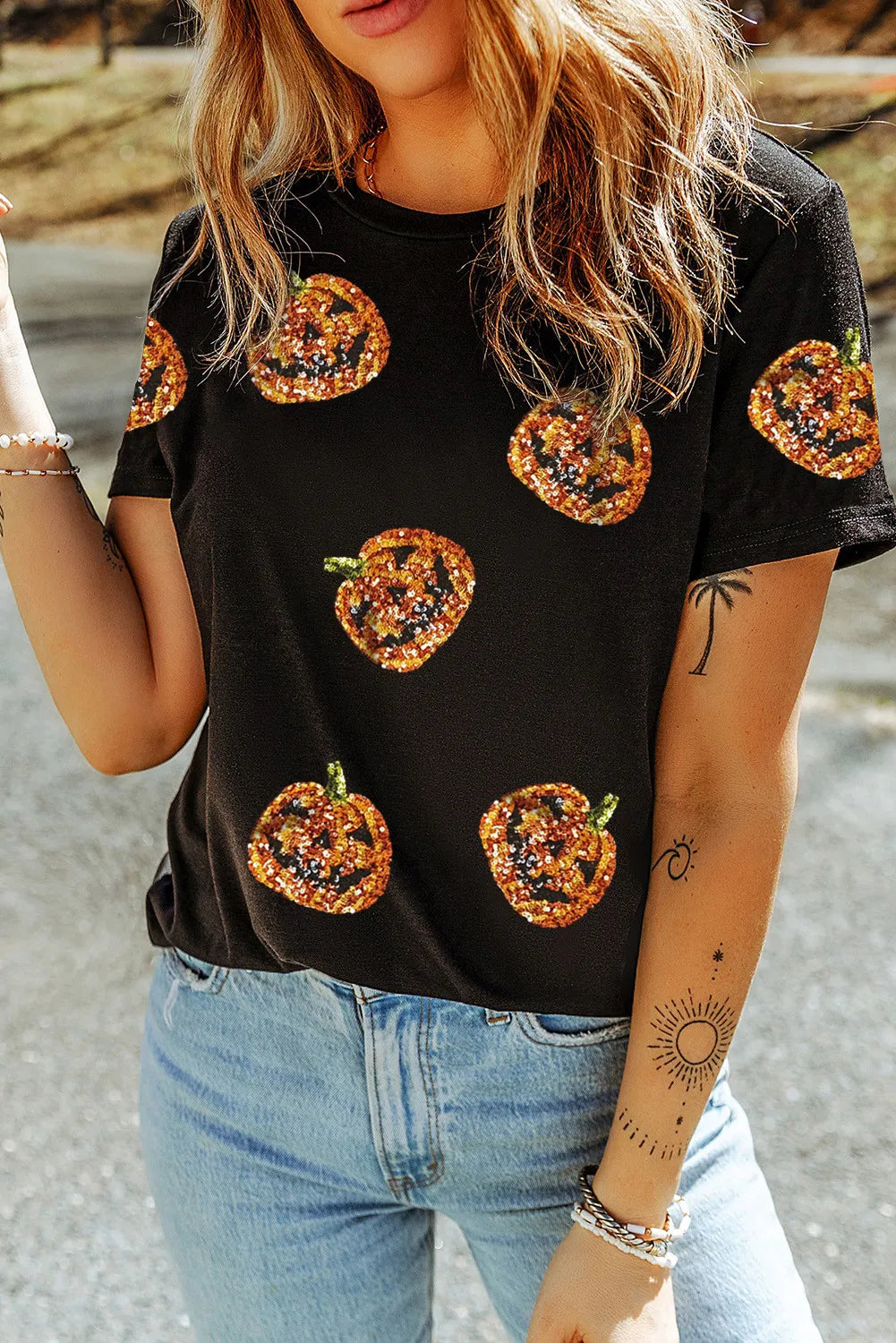 Shorts & Skirts return policy-Sequin Pumpkin Round Neck Short Sleeve T-Shirt