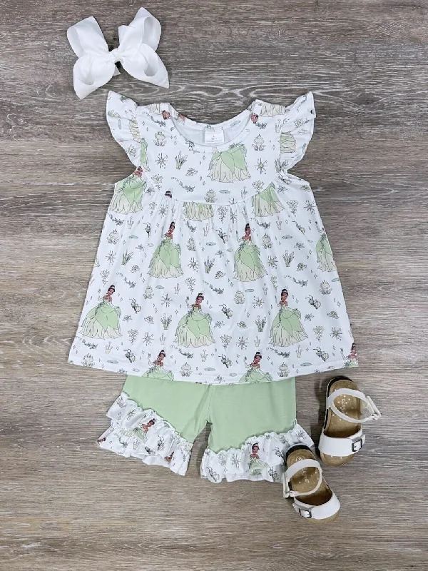 Shorts & Skirts outfit styles-Frog Princess Light Green Girls Ruffle Trim Shorts Outfit