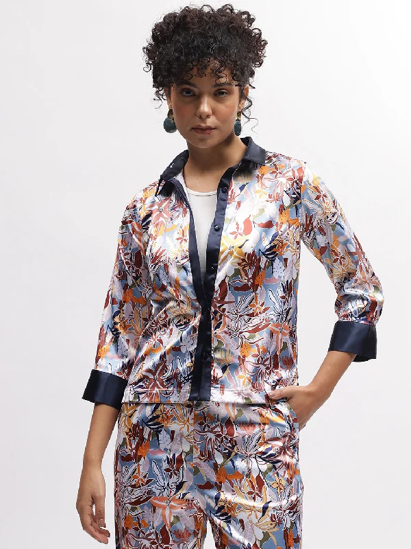 Blouses & Shirts printed-Iconic Women Multi Printed Spread Collar 3/4Th Sleeves Shirt