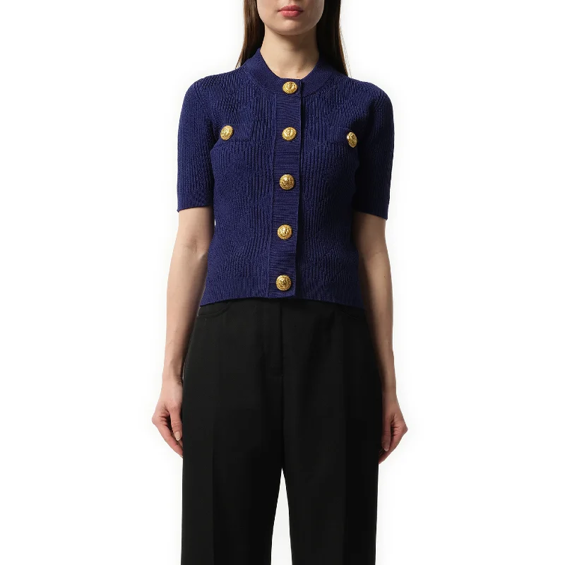 Cardigans with wool lining-Buttoned 2 Pockets Vichy Knit Cardigan in Midnight Blue