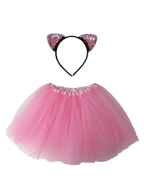 Shorts & Skirts comfy fits-Adult Pink Cat Costume - Tutu Skirt & Flip Sequin Headband Set for Adult or Plus Size